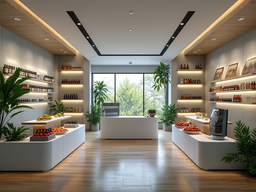 Modern hotel reception area with wooden flooring, plants, and well-stocked wall shelves, featuring a reception desk and scenic window view.