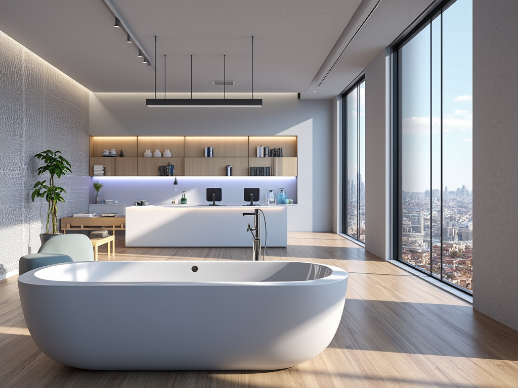 Modern bathroom interior with freestanding bathtub, large windows offering city view, wooden flooring, and minimalist design elements.