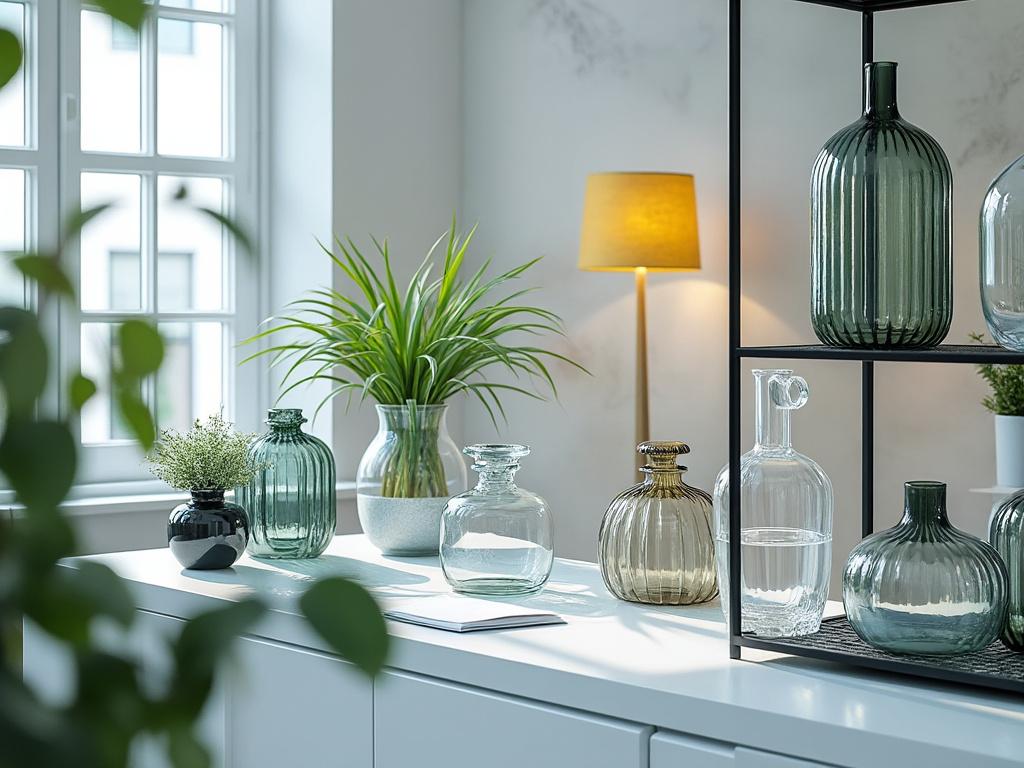 Modern living room with decorative glass vases, green plants, and a floor lamp, showcasing a bright and airy interior design.
