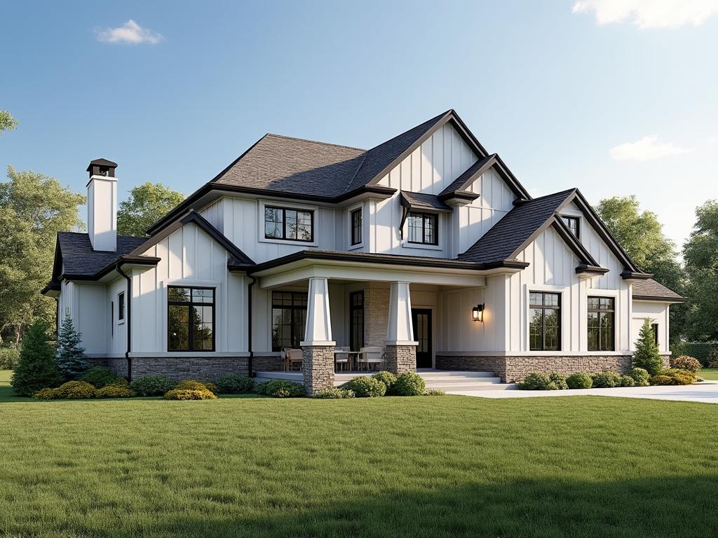 Modern suburban house with white siding, dark roof, and front porch surrounded by greenery.