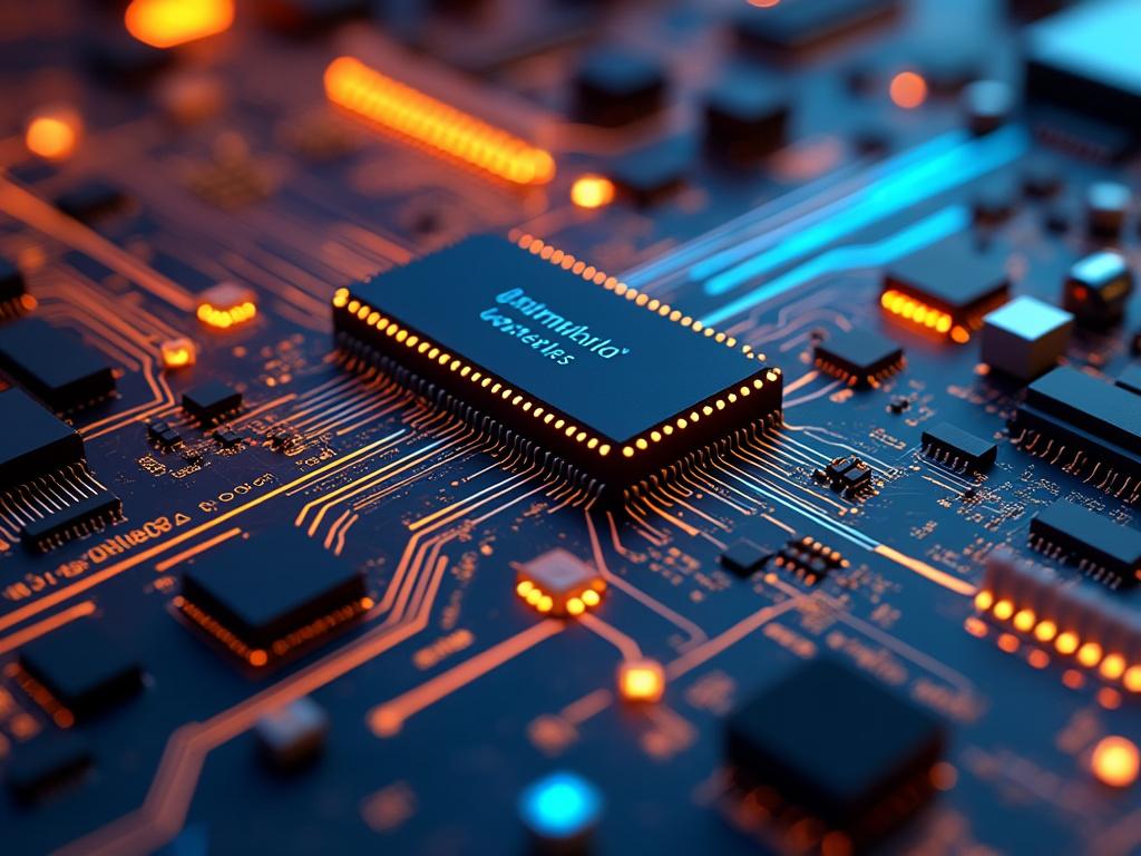 Close-up view of a computer motherboard with illuminated circuits and components, showcasing microchips and electronic connections.