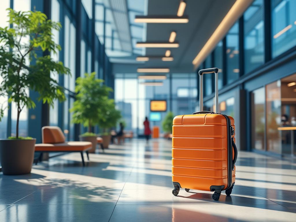Orange suitcase in modern airport terminal with large windows and waiting area.