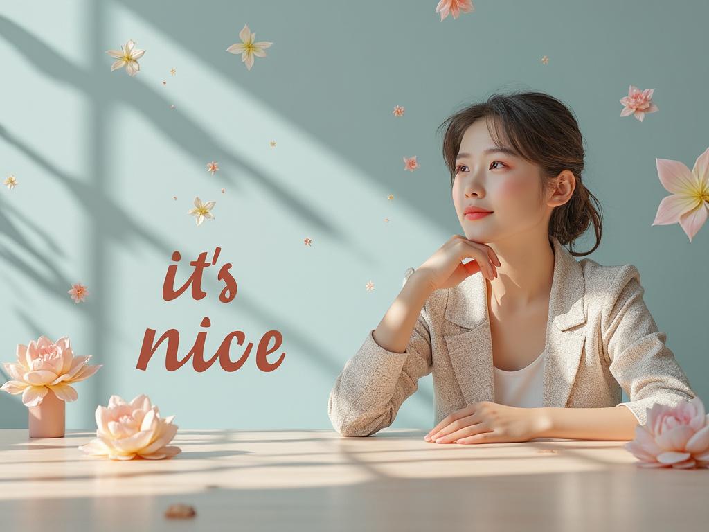 Woman sitting at a table with flowers floating around, text 'it's nice' in the background, bright and serene setting.