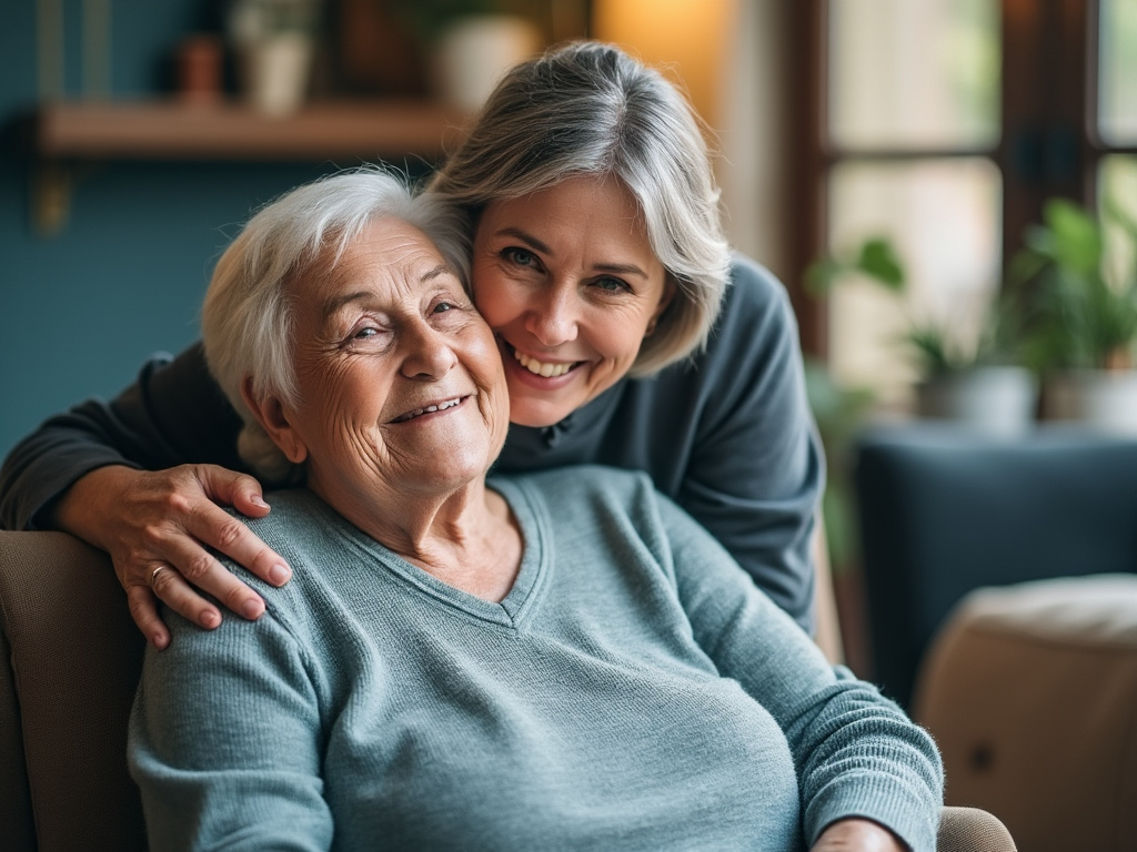 Smiling elderly woman with short white hair sitting in an armchair, embraced by a younger woman with gray hair, background features indoor plants and soft lighting.