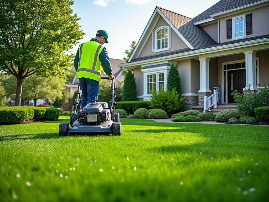 Man mowing lawn in front of suburban house with lush green grass and manicured shrubs under a clear blue sky.