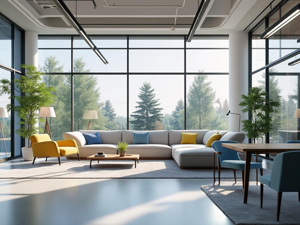 Modern living room with large windows, neutral sectional sofa, colorful pillows, and indoor plants.