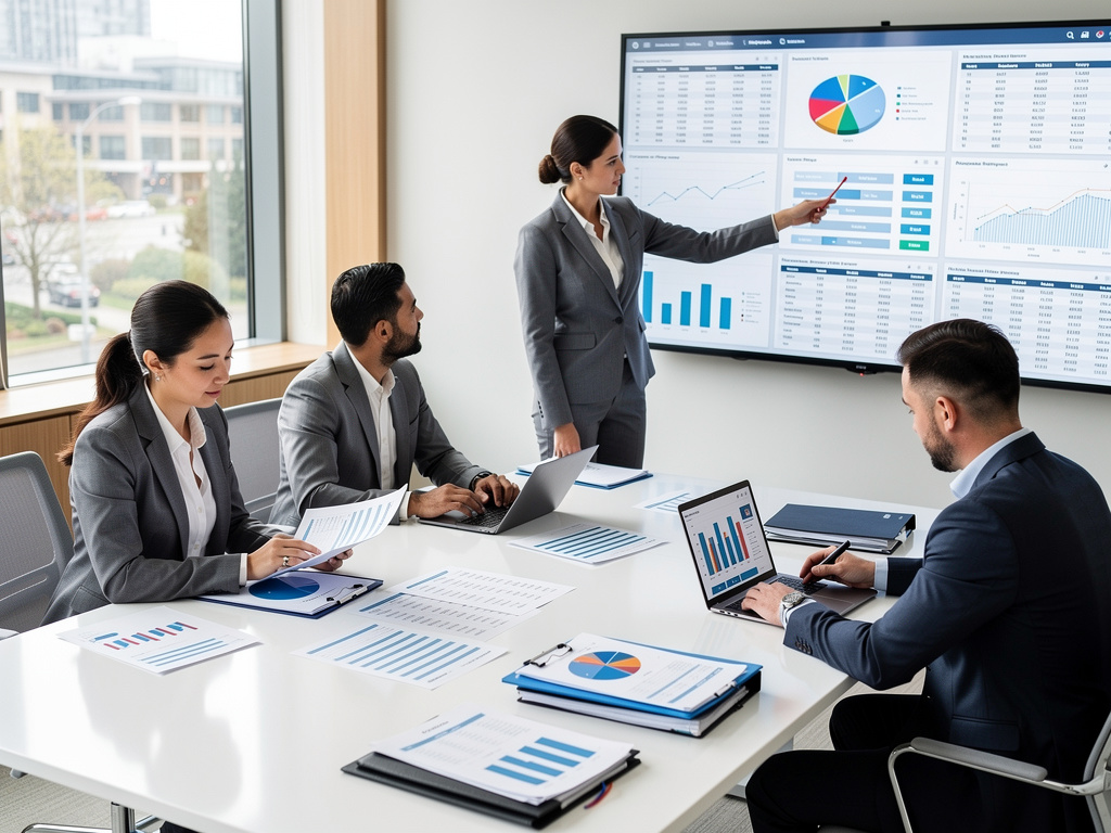 Business team analyzing financial charts and data dashboards during a corporate meeting Business team analyzing financial charts and data dashboards during a corporate meeting