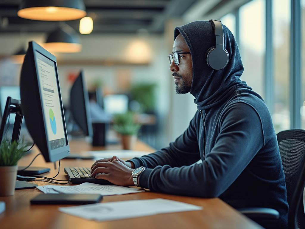 Persona con auriculares trabajando en computadora en oficina moderna iluminada, plantas en escritorio.