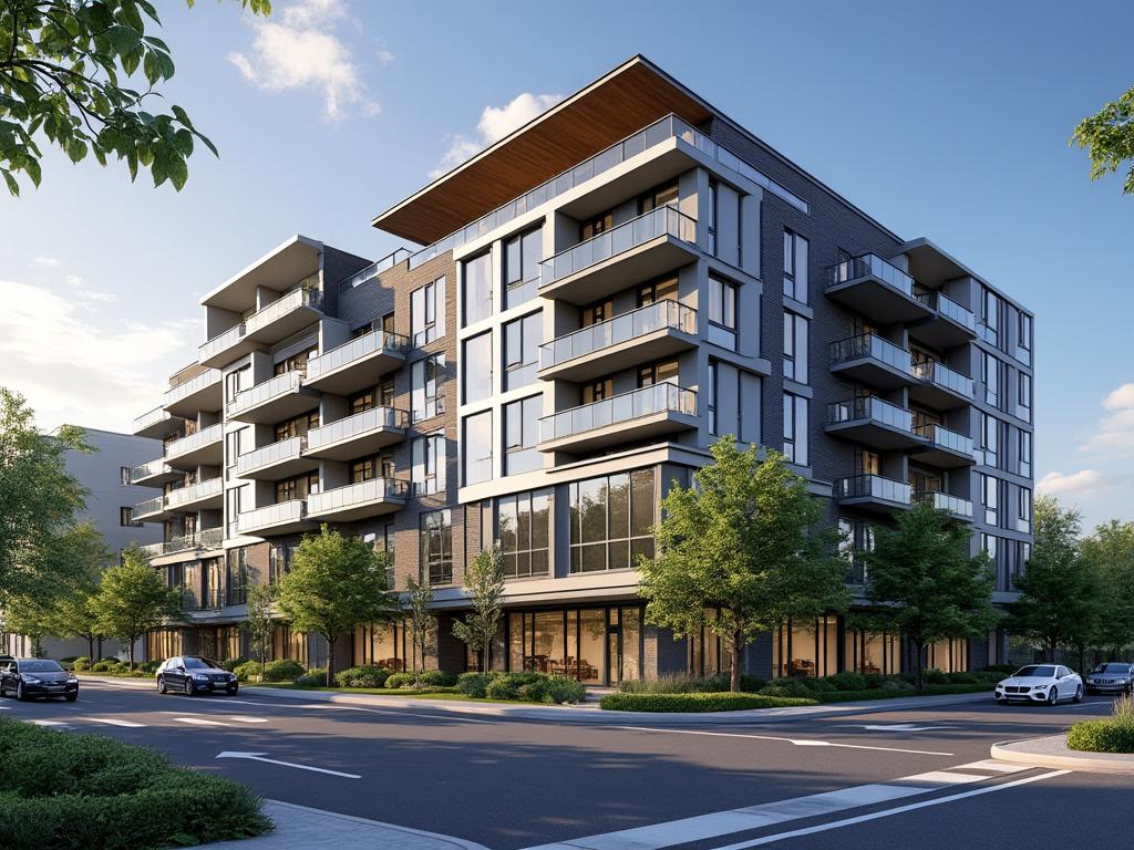Modern six-story apartment building with balconies and large windows, surrounded by lush greenery, cars parked in front, under a clear blue sky.