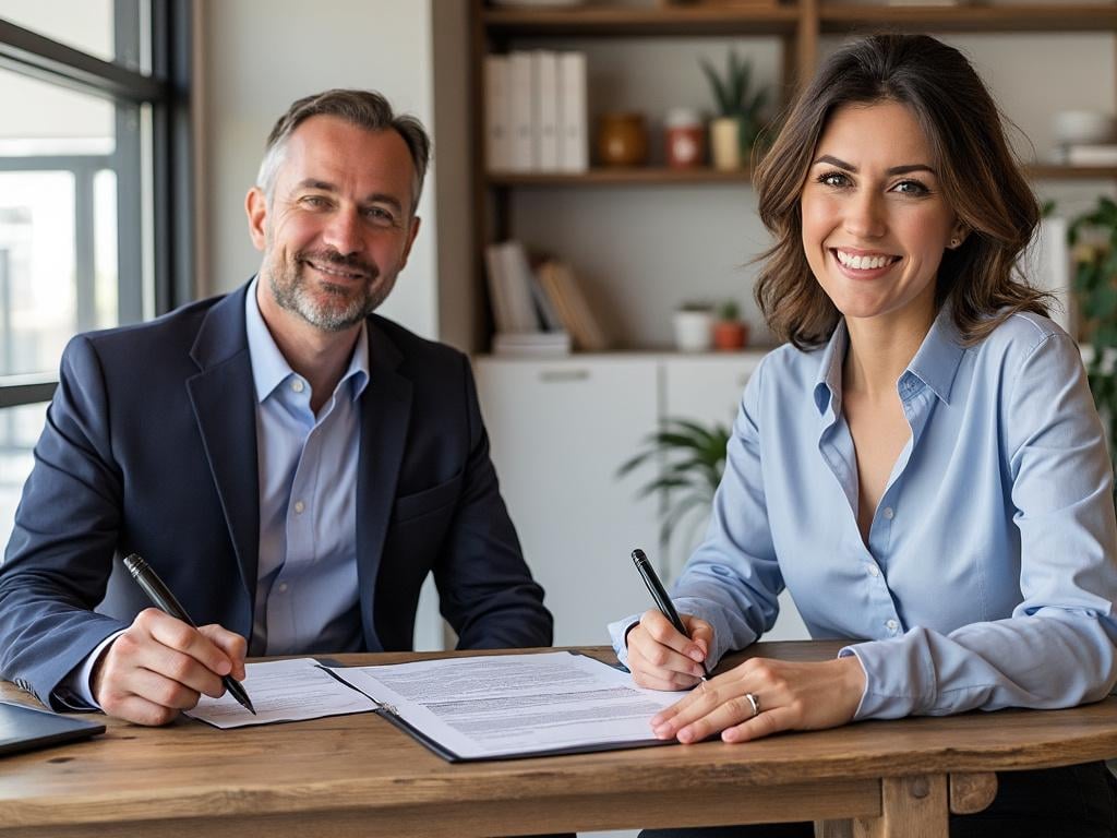 Smiling man and woman in business attire signing a document at a wooden desk in a modern office.