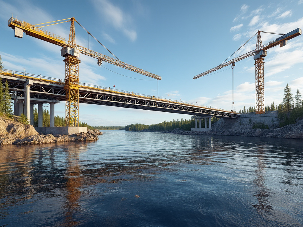 Bridge under construction with cranes over a river, surrounded by trees and clear blue sky.