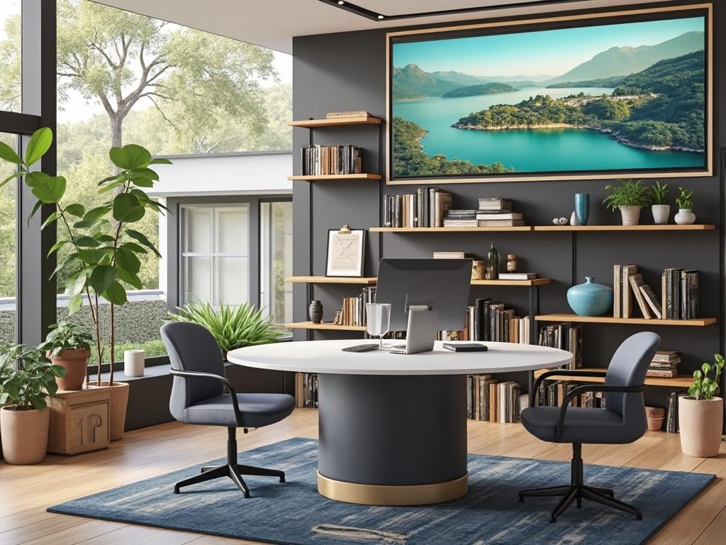 Modern office interior with round desk, chairs, large window, indoor plants, bookshelves, and framed landscape painting on the wall.