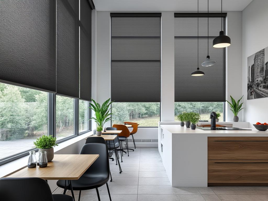 Modern kitchen with large windows, black roller blinds, wooden and white cabinetry, and indoor plants.