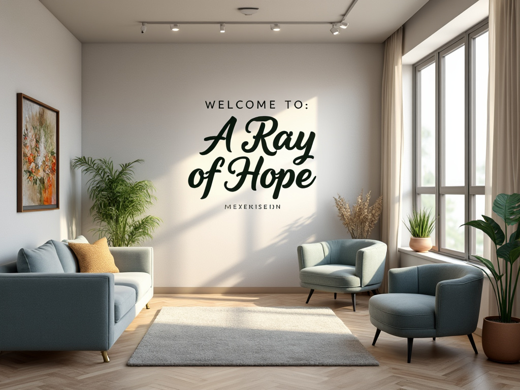 Modern living room interior with a large window, two blue armchairs, a light gray sofa, plants, and a wall with 'Welcome to: A Ray of Hope' text.