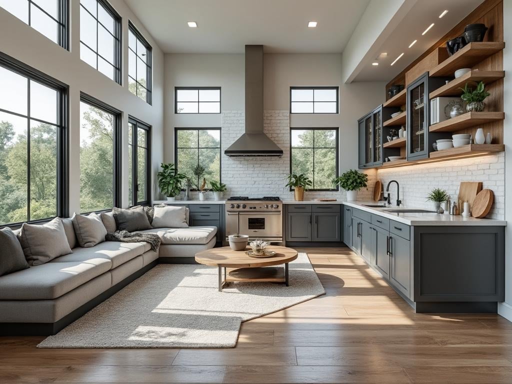 Modern open-concept kitchen and living room with large windows, gray cabinetry, stainless steel appliances, and a cozy sectional sofa. Modern open-concept kitchen and living room with large windows, gray cabinetry, stainless steel appliances, and a cozy sectional sofa.
