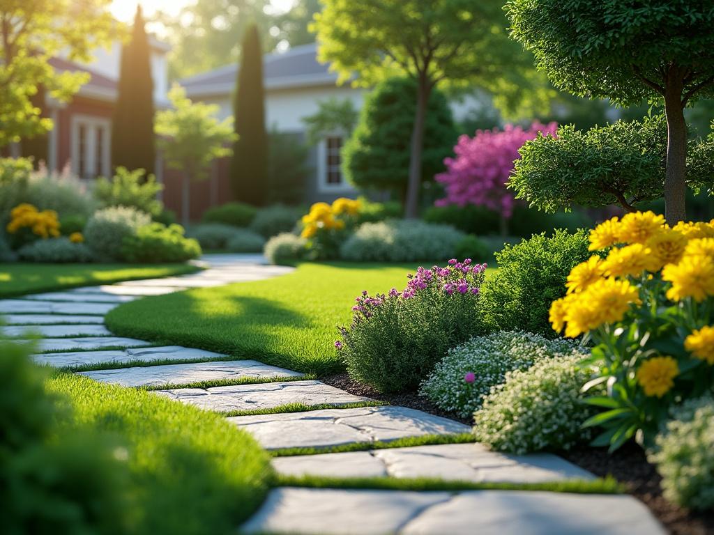 Beautiful garden landscape with a stone path, vibrant flowers, and lush green grass on a sunny day.