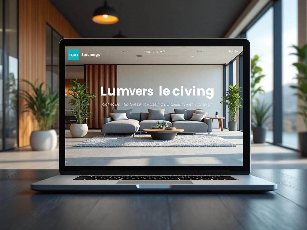 Open laptop displaying modern living room interior; features grey sofa, wooden accents, large windows, and indoor plants.