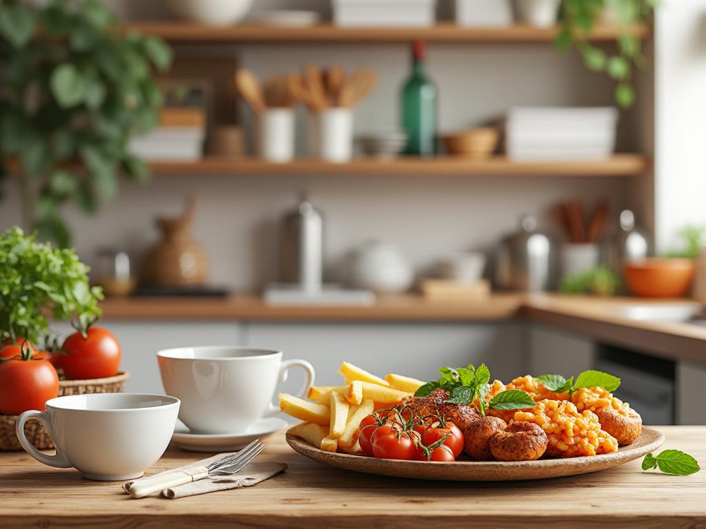 A wooden kitchen table featuring a breakfast spread with tea cups, fresh tomatoes, crispy fries, and flavorful patties garnished with herbs, set in a modern kitchen with blurred shelves in the background.