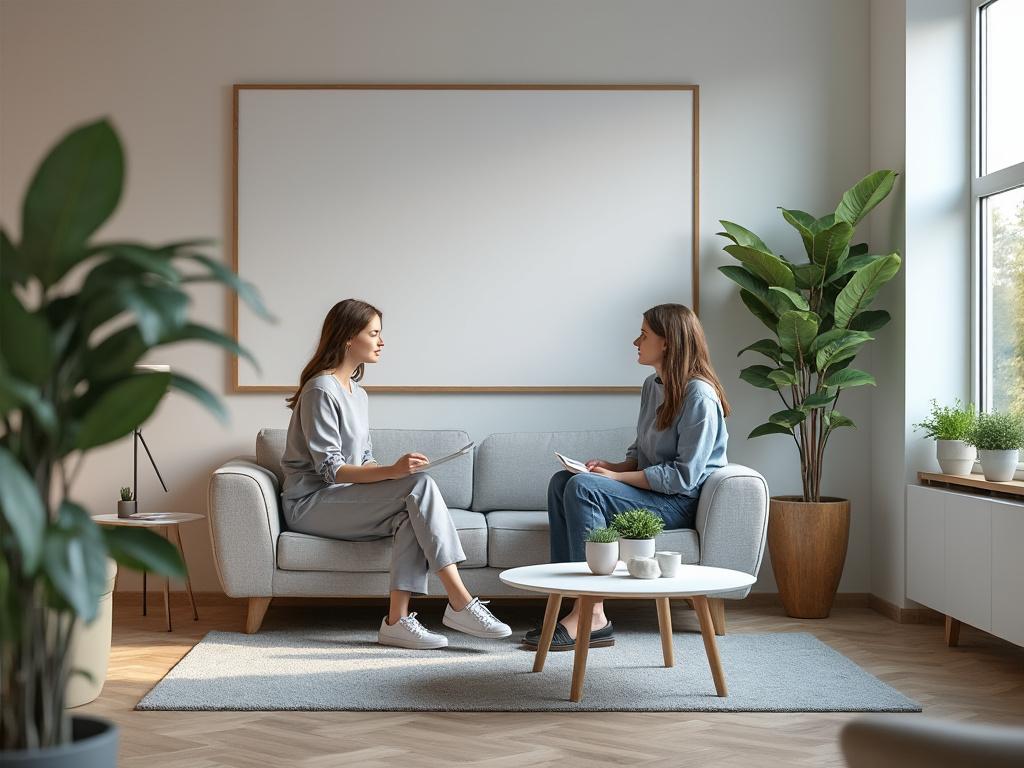 Two women in a bright modern therapy office sitting on a sofa with plants and natural light