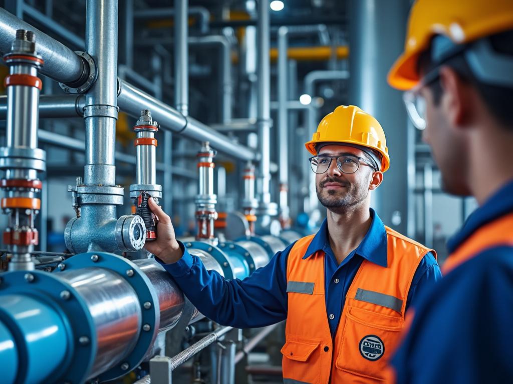 https://img-to.nccdn.net/Files/zuzzq1ltdy/flux-ec00b59c-b142-4aeb-a6a1-6cea36f01309.jpeg Two engineers wearing hard hats and orange safety vests inspect industrial piping systems in a factory setting.