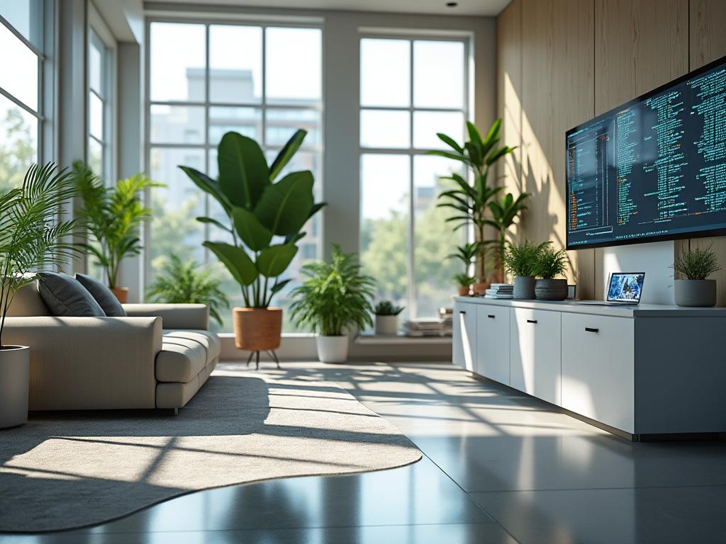 Modern living room with large windows, indoor plants, a cozy sofa, and a wall-mounted TV displaying code.