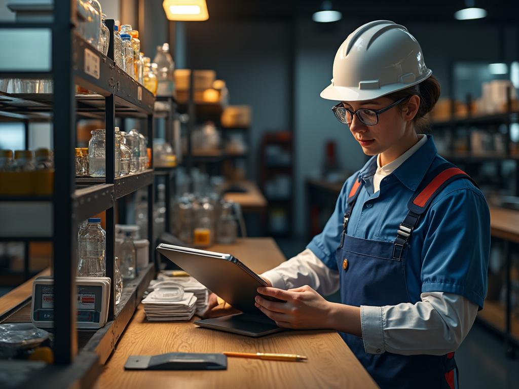Laboratory technician in hard hat and blue coveralls working with a tablet in a lab filled with glassware and equipment.