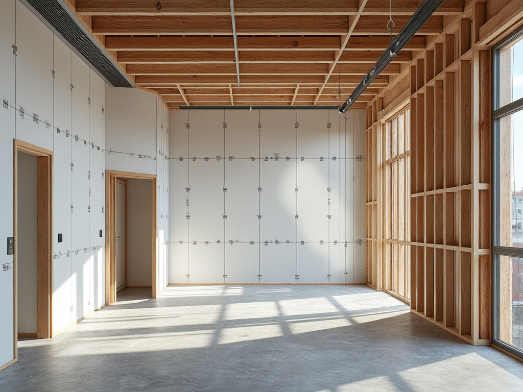 Modern unfinished room with exposed wooden framing, ceiling beams, white walls, and large windows.