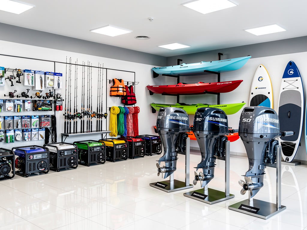 Marine and outdoor equipment showroom with outboard motors, kayaks, paddleboards, fishing rods, generators, and accessories