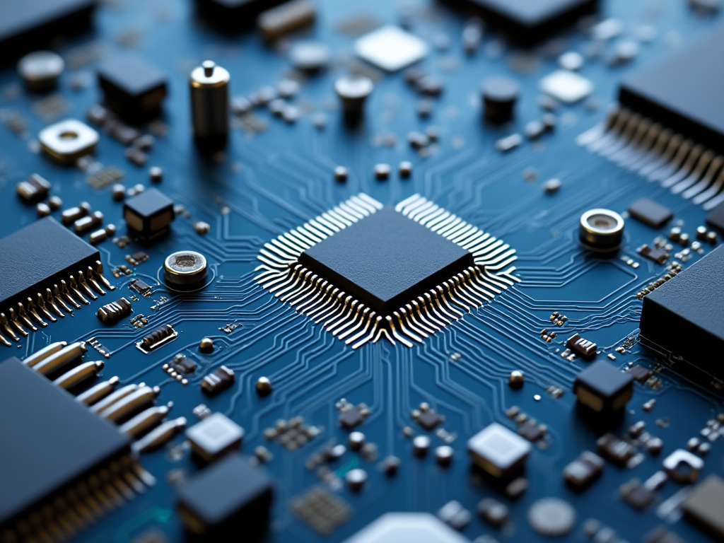 Close-up view of a blue computer motherboard featuring a central microchip and intricate circuitry.