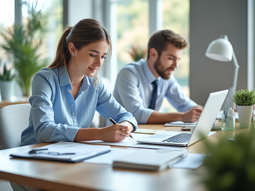 Two professionals working at a modern office desk with laptops, paperwork, and plants.