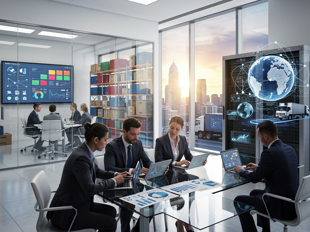 Business team analyzing global logistics data in modern office with digital dashboards, server racks, cargo containers, and city skyline