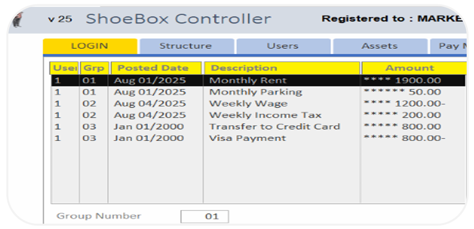 A transaction list on the ShoeBox application