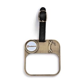 BAG TAG WITH CUSTOMIZED BALL MARKER AND TOWEL HOLDER