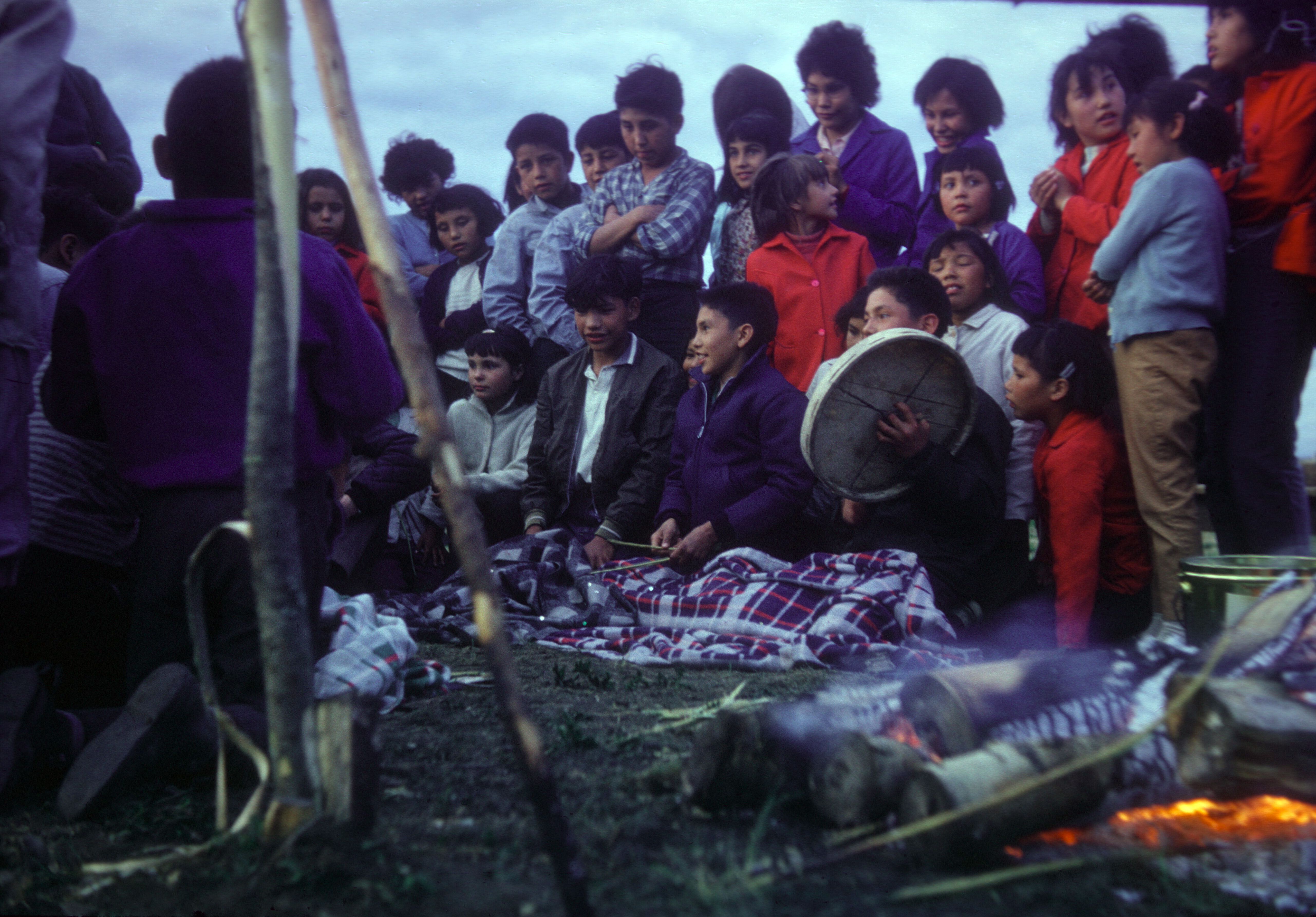 Playing hand games at the Residential School tea dance. 1966
Photo Credit: Anthony  O'Carroll. 