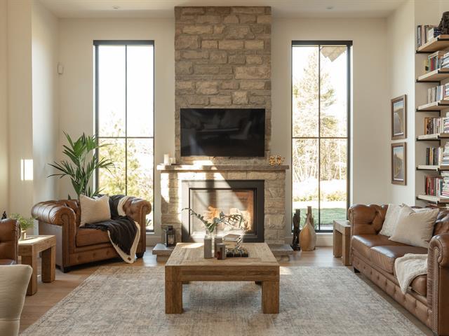 Salon lumineux avec foyer au gaz et grande fenestration – espace de vie moderne et chaleureux