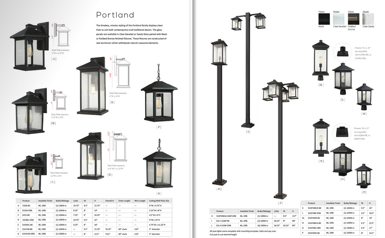 107 Portland Collection
Available in Black with Clear glass or
Oil Rubbed Bronze with Clear Seedy glass
Starting at 
Regular Price $144.99
On sale $129.99