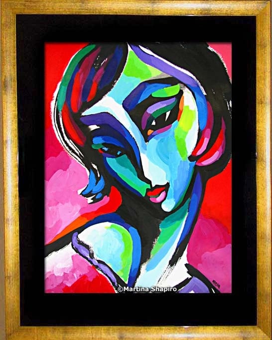 Abstract Fauve painting of woman on red by artist Martina Shapiro