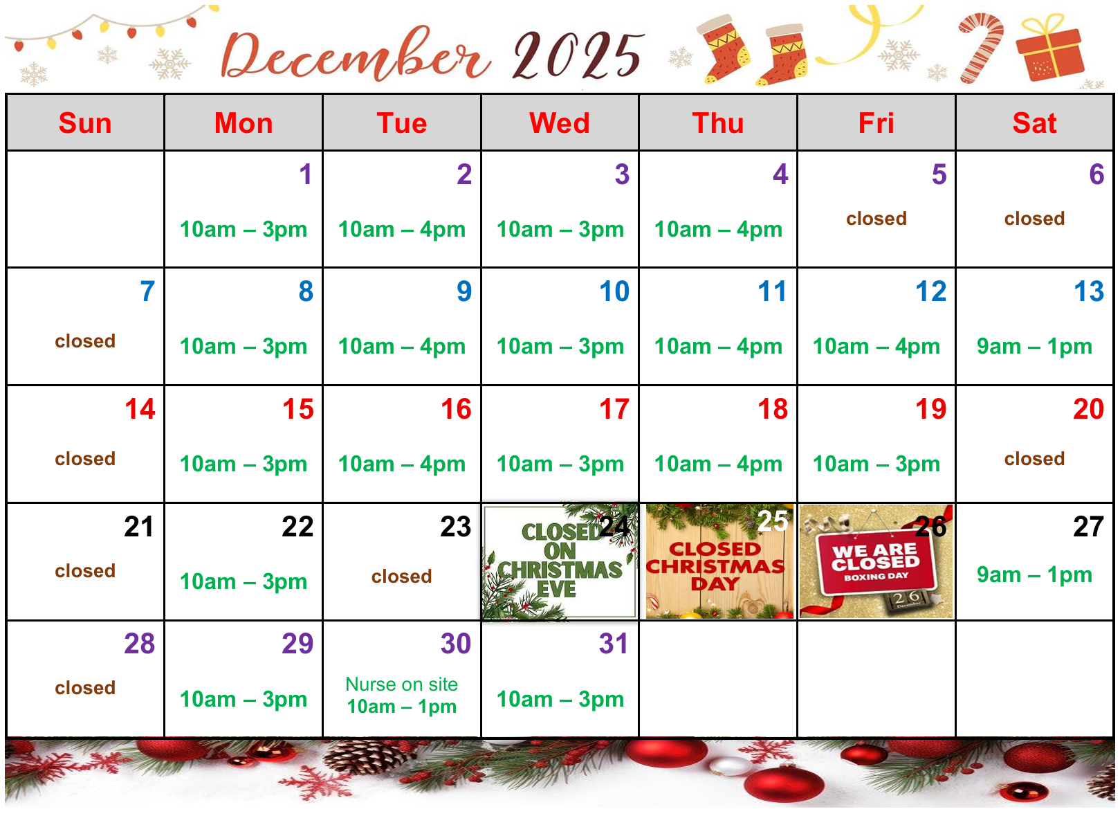 Clinic hours for this month