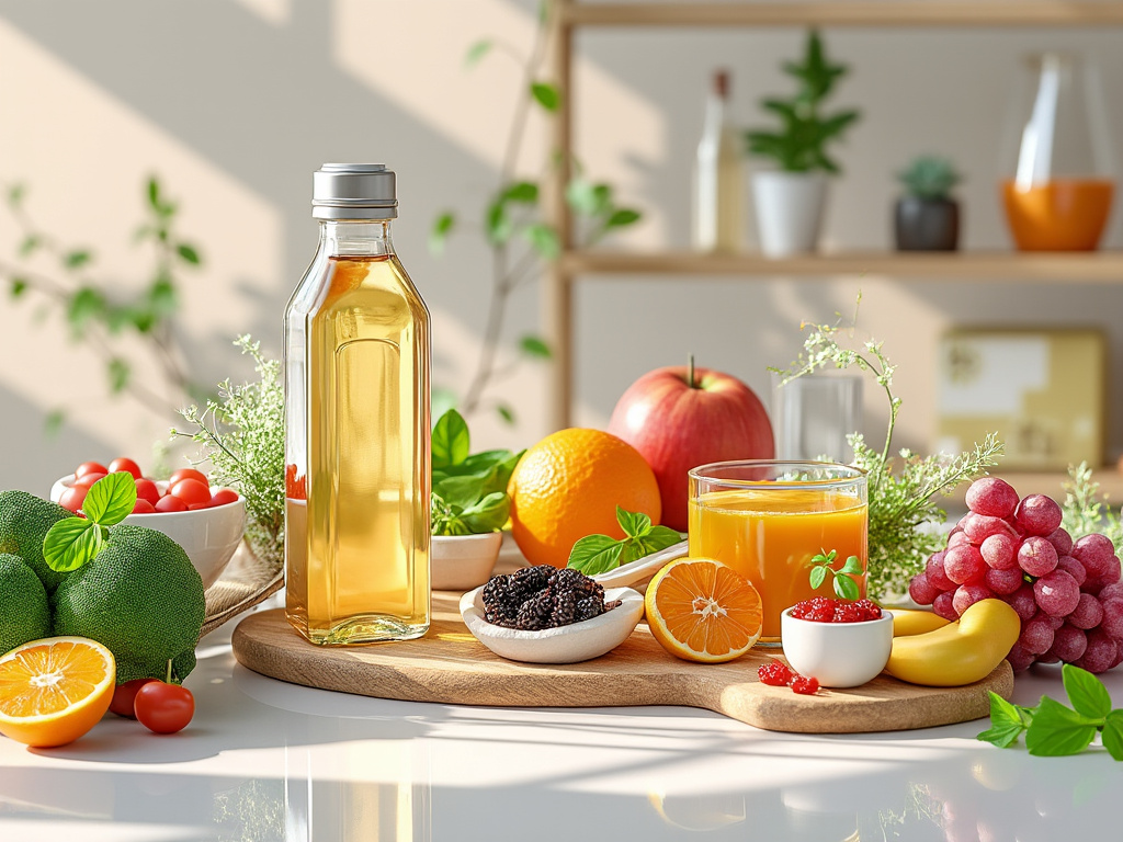 Fresh fruit arrangement with orange juice, apples, grapes, and a bottle of golden liquid on a wooden board.