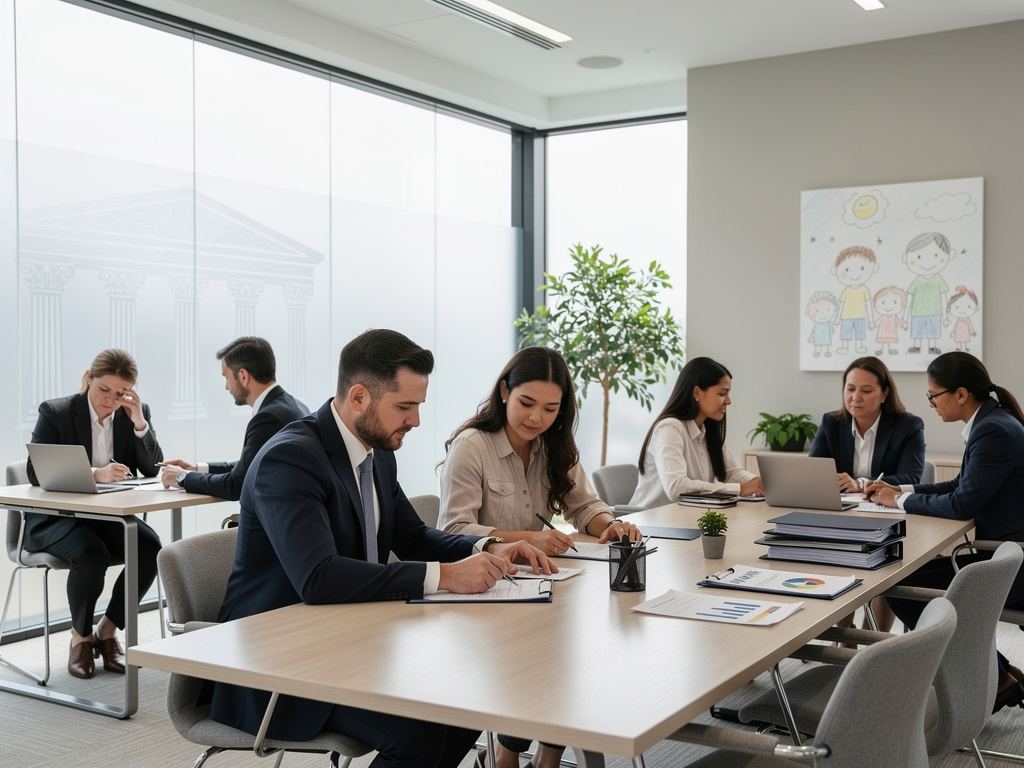 Business professionals collaborating in a modern office meeting room with laptops, documents, and large windows
