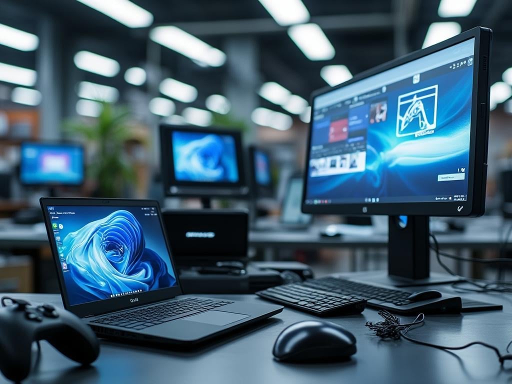 Modern tech workspace with laptop, desktop monitor, keyboard, mouse, and gaming controller on a desk, blurred office background.