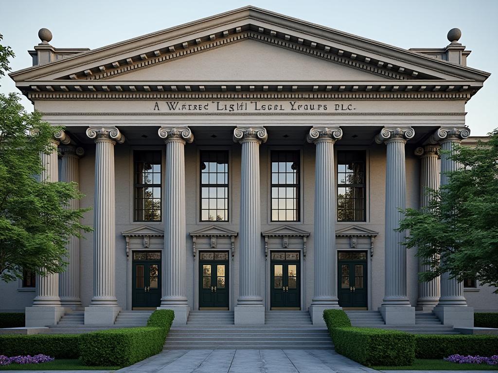Neoclassical building facade with six tall columns, symmetrical design, and green doors, surrounded by trees and bushes.