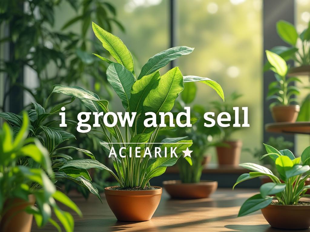 Potted green plants on a sunlit table with text overlay advertising plant sales.