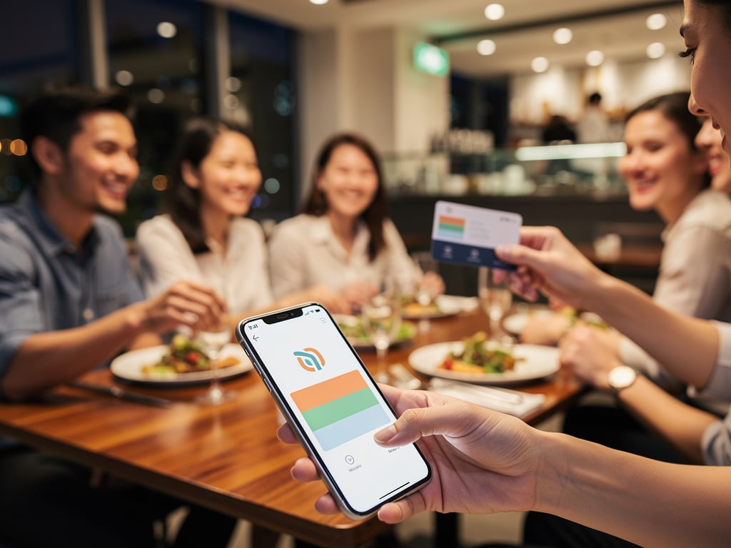 People dining at a restaurant using mobile payment app and card for contactless checkout