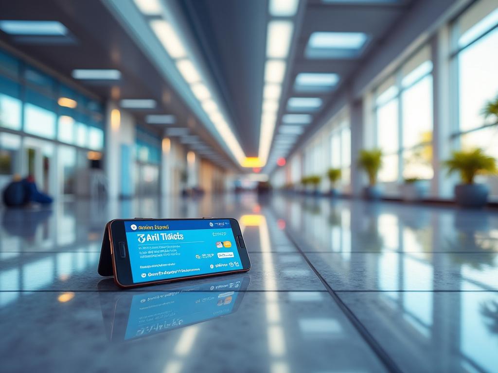 Smartphone displaying flight tickets app on airport floor with empty terminal background
