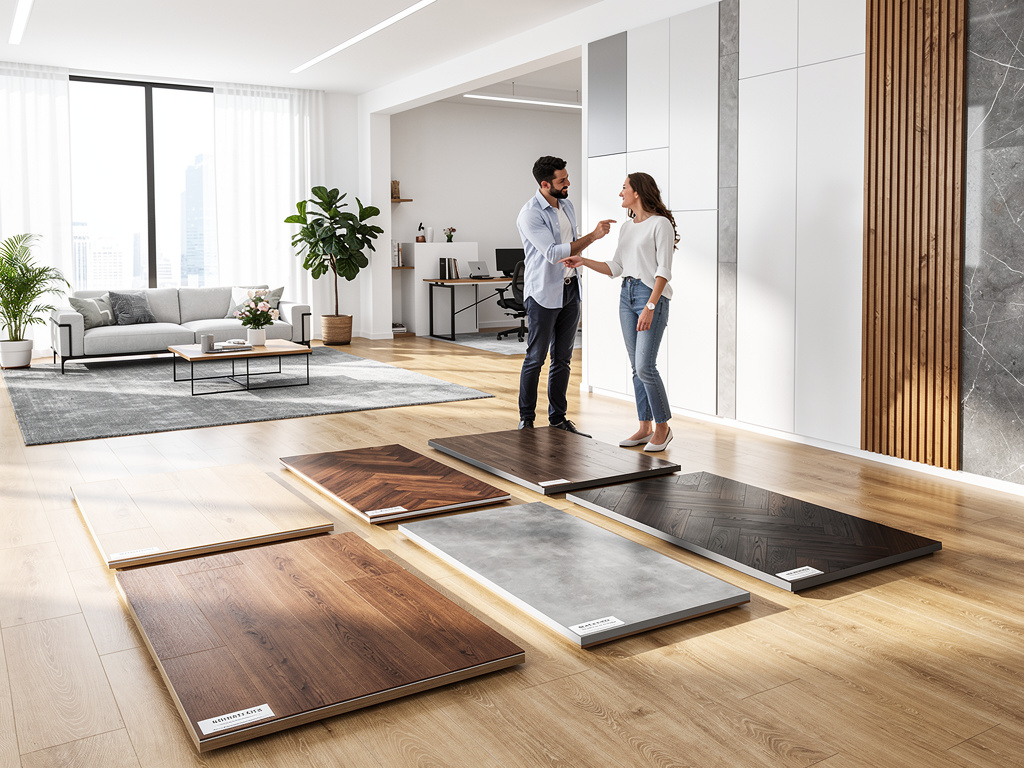 Couple choosing wood and tile flooring samples in a modern interior design showroom