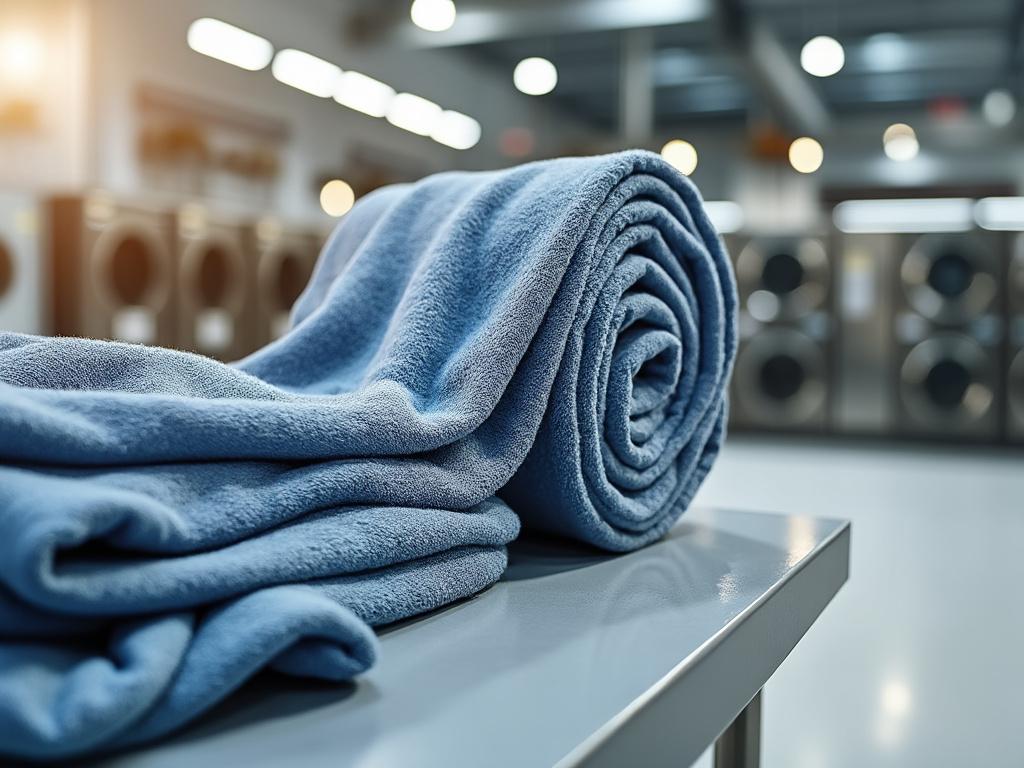 Rolled up blue towel on table in modern laundry room with washing machines in background. Rolled up blue towel on table in modern laundry room with washing machines in background.