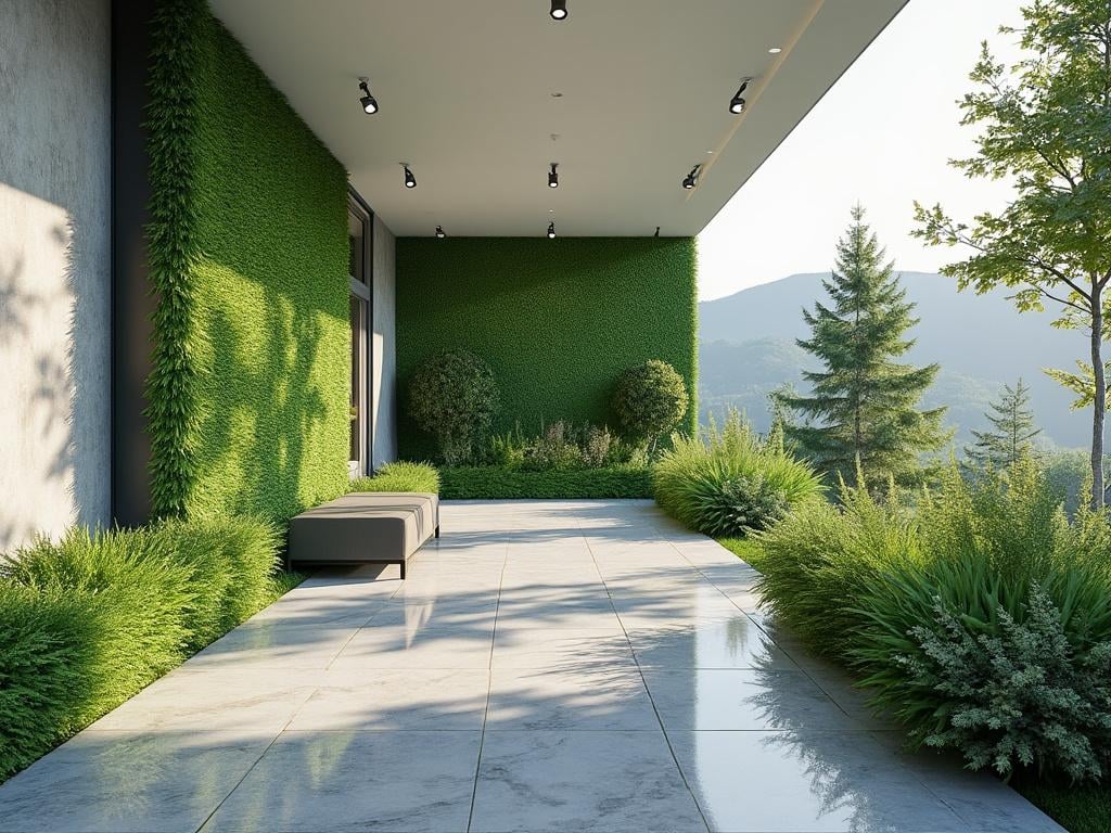 Moderne Terrasse mit grünem Wandbewuchs, eleganter Sitzbank und Panoramablick auf bewaldete Hügel.