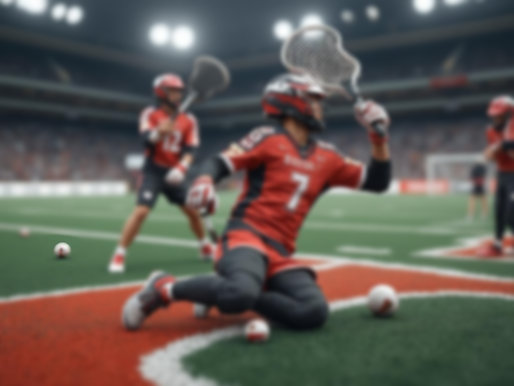 Lacrosse player in red uniform kneeling on the field, holding a stick with a net, during a game in a stadium.