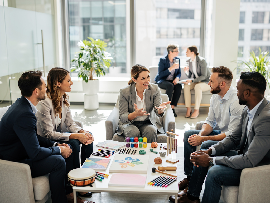 Business professionals in a bright office group therapy session with art supplies and wellness activities